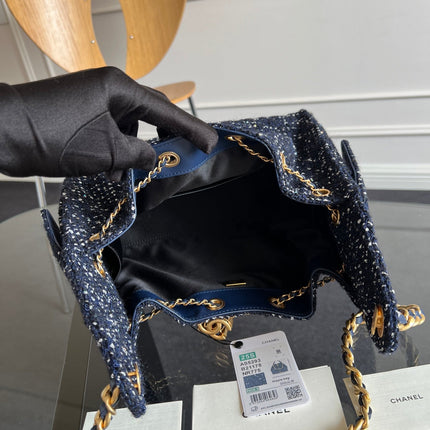 CHANEL 25S HOBO BAG 30 IN NAVY BLUE TWEED WITH GOLD HARDWARE