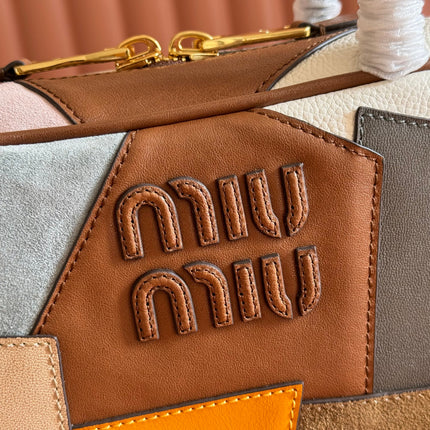 MIUMIU 26S BEAU TOP HANDLE BAG 28 IN COGNAC LEATHER PATCHWORK GOLD HARDWARE