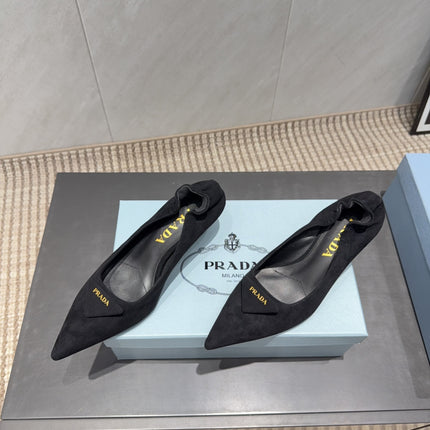 PRADA 26S PUMPS 55MM IN BLACK SUEDE WITH LOGO