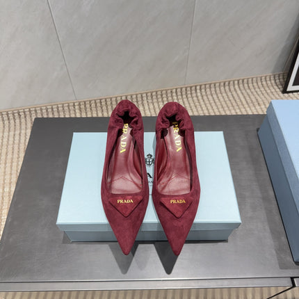 PRADA 26S PUMPS 55MM IN DARK RED SUEDE WITH LOGO