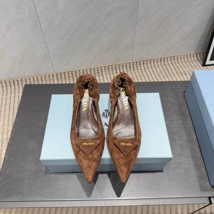 PRADA 26S PUMPS 55MM IN BROWN SUEDE WITH LOGO