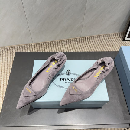 PRADA 26S PUMPS 55MM IN TAUPE BROWN SUEDE WITH LOGO