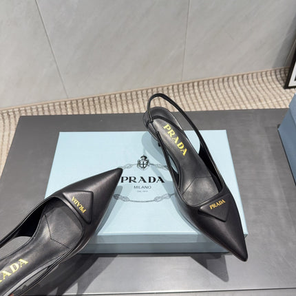 PRADA 26S POINTED TOE SLINGBACK HIGH HEELS 55MM IN BLACK SHEEPSKIN WITH LOGO