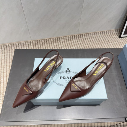 PRADA 26S POINTED TOE SLINGBACK HIGH HEELS 55MM IN DARK BROWN SHEEPSKIN WITH LOGO