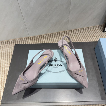 PRADA 26S POINTED TOE SLINGBACK HIGH HEELS 55MM IN TAUPE BROWN SUEDE WITH LOGO