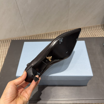 PRADA 26S POINTED TOE PUMPS 55MM IN BLACK SHEEPSKIN WITH LOGO