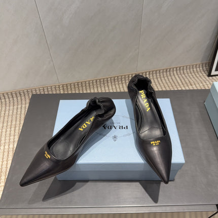 PRADA 26S POINTED TOE PUMPS 55MM IN BLACK SHEEPSKIN WITH LOGO