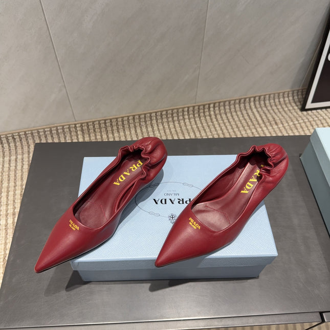 PRADA 26S POINTED TOE PUMPS 55MM IN DEEP WINE RED SHEEPSKIN WITH LOGO