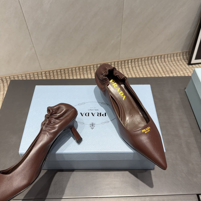 PRADA 26S POINTED TOE PUMPS 55MM IN DARK BROWN SHEEPSKIN WITH LOGO