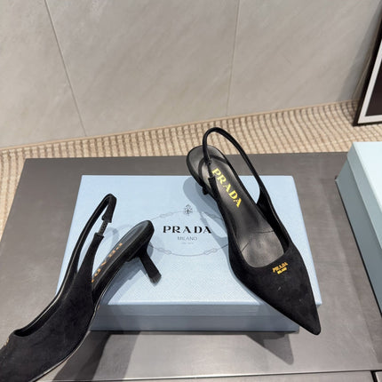 PRADA 26S POINTED TOE SLINGBACK HIGH HEELS 55MM IN BLACK SUEDE