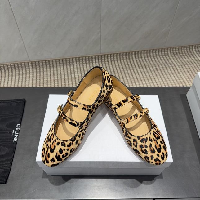 CELINE 26S BALLET FLATS IN LEOPARD PRINT FUR