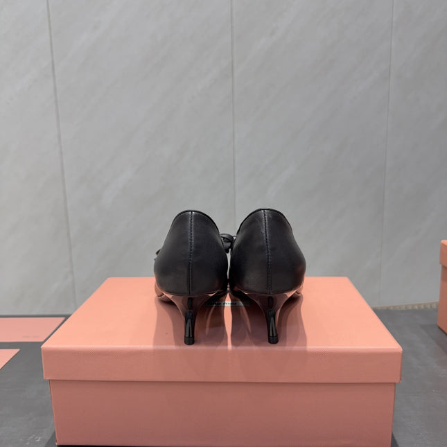 MIUMIU 26S POINTED TOE PUMPS 55MM IN BLACK CALFSKIN WITH BOW
