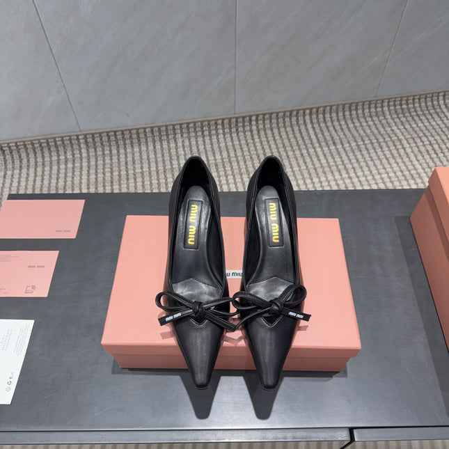 MIUMIU 26S POINTED TOE PUMPS 55MM IN BLACK CALFSKIN WITH BOW