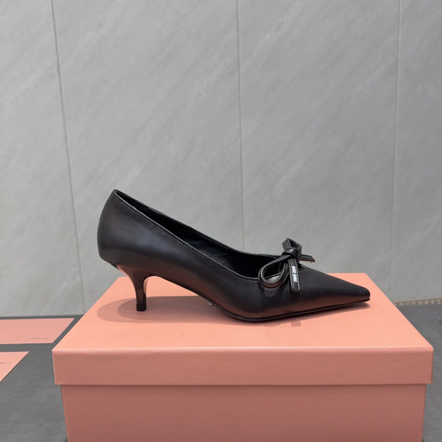 MIUMIU 26S POINTED TOE PUMPS 55MM IN BLACK CALFSKIN WITH BOW