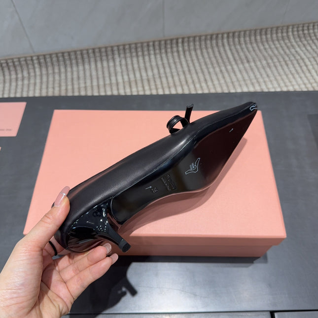MIUMIU 26S POINTED TOE PUMPS 55MM IN BLACK CALFSKIN WITH BOW