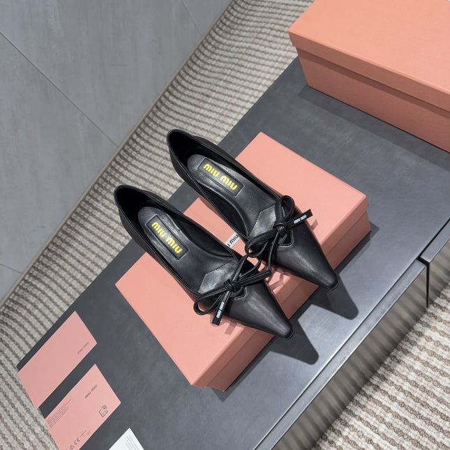 MIUMIU 26S POINTED TOE PUMPS 55MM IN BLACK CALFSKIN WITH BOW