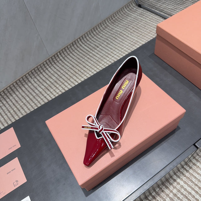 MIUMIU 26S POINTED TOE PUMPS 55MM IN DARK RED CALFSKIN WITH BOW