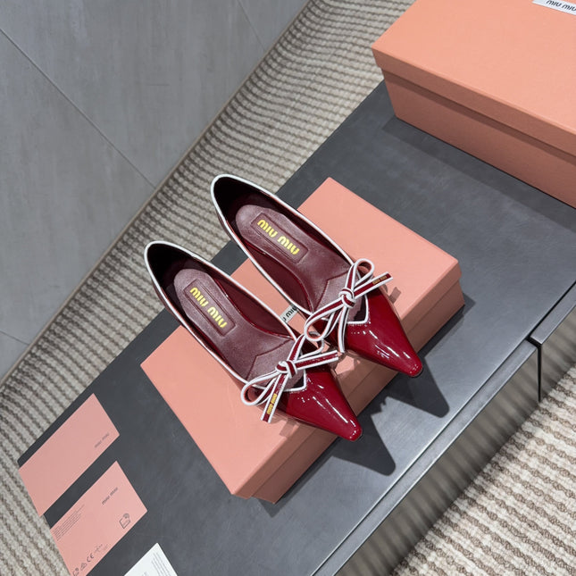 MIUMIU 26S POINTED TOE PUMPS 55MM IN DARK RED CALFSKIN WITH BOW