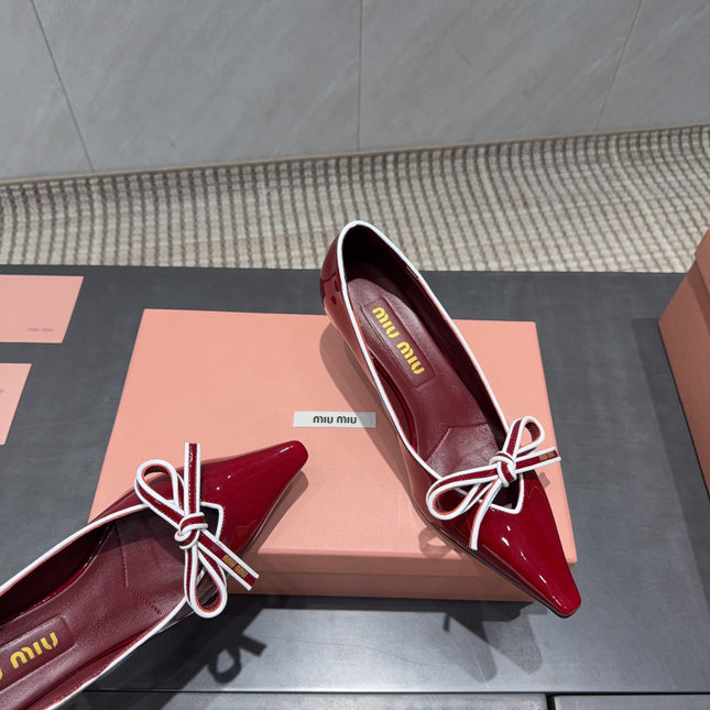 MIUMIU 26S POINTED TOE PUMPS 55MM IN DARK RED CALFSKIN WITH BOW