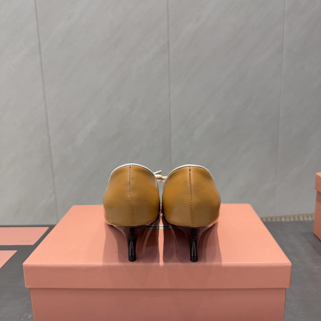 MIUMIU 26S POINTED TOE PUMPS 55MM IN CARAMEL BROWN CALFSKIN WITH BOW