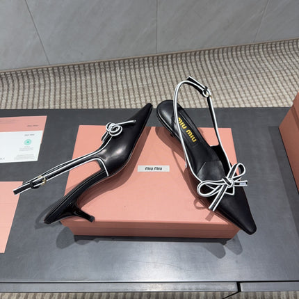 MIUMIU 26S SLINGBACK 55MM IN BLACK AND WHITE CALFSKIN WITH BOW