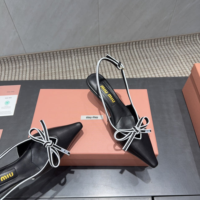 MIUMIU 26S SLINGBACK 55MM IN BLACK AND WHITE CALFSKIN WITH BOW
