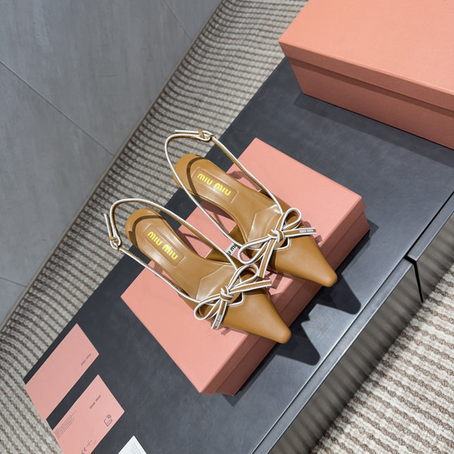 MIUMIU 26S SLINGBACK 55MM IN CARAMEL BROWN CALFSKIN WITH BOW