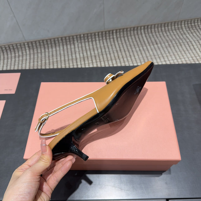 MIUMIU 26S SLINGBACK 55MM IN CARAMEL BROWN CALFSKIN WITH BOW
