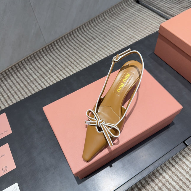 MIUMIU 26S SLINGBACK 55MM IN CARAMEL BROWN CALFSKIN WITH BOW