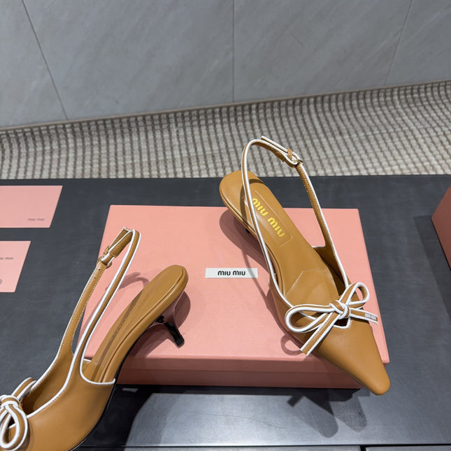 MIUMIU 26S SLINGBACK 55MM IN CARAMEL BROWN CALFSKIN WITH BOW