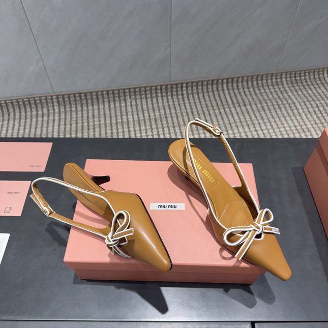 MIUMIU 26S SLINGBACK 55MM IN CARAMEL BROWN CALFSKIN WITH BOW