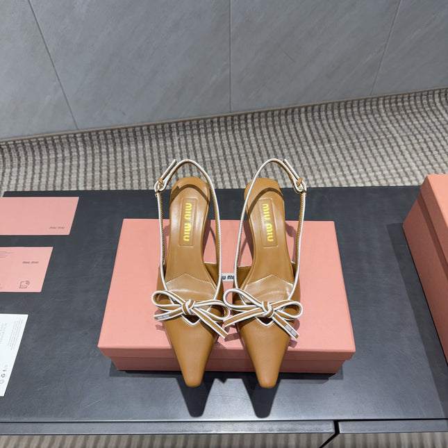 MIUMIU 26S SLINGBACK 55MM IN CARAMEL BROWN CALFSKIN WITH BOW