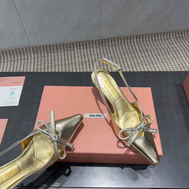 MIUMIU 26S SLINGBACK 55MM IN GOLD CALFSKIN WITH BOW