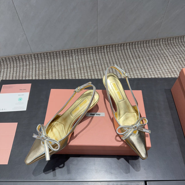 MIUMIU 26S SLINGBACK 55MM IN GOLD CALFSKIN WITH BOW