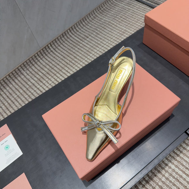 MIUMIU 26S SLINGBACK 55MM IN GOLD CALFSKIN WITH BOW