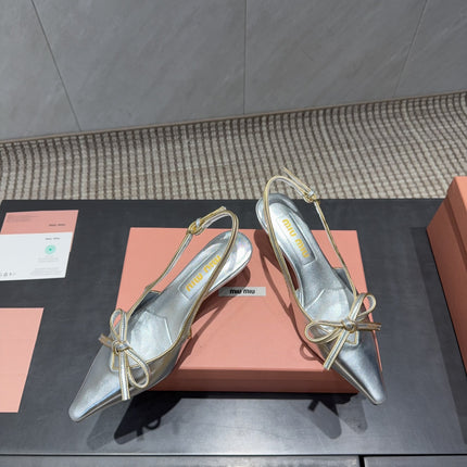 MIUMIU 26S SLINGBACK 55MM IN SILVER CALFSKIN WITH BOW
