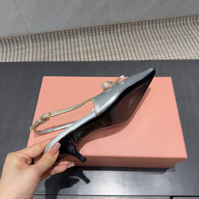 MIUMIU 26S SLINGBACK 55MM IN SILVER CALFSKIN WITH BOW