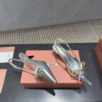 MIUMIU 26S SLINGBACK 55MM IN SILVER CALFSKIN WITH BOW