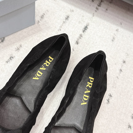 PRADA 26S ROUND TOE FLATS WITH BOW IN BLACK SUEDE