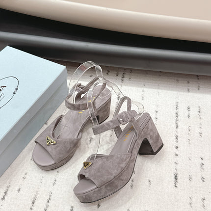PRADA 26S HEELED SANDALS 75MM IN TAUPE BROWN SUEDE WITH LOGO