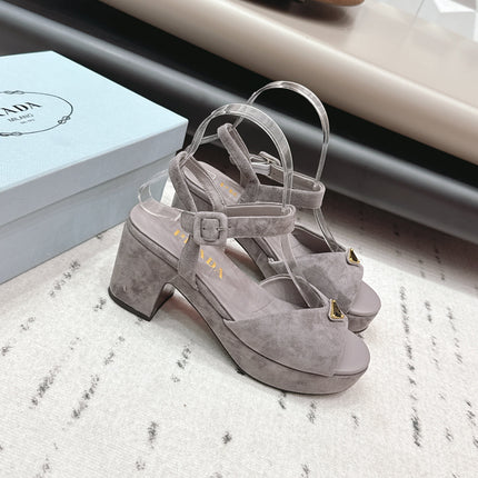 PRADA 26S HEELED SANDALS 75MM IN TAUPE BROWN SUEDE WITH LOGO