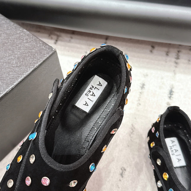 ALAIA 26S EMBELLISHED FLATS IN BLACK SUEDE