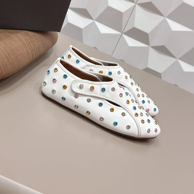 ALAIA 26S EMBELLISHED FLATS IN WHITE LAMBSKIN