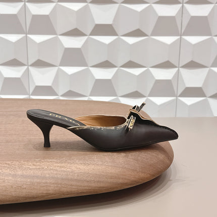 PRADA 26S POINTED TOE LACE TRIM MULES 55MM IN BLACK CALFSKIN WITH BOW