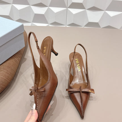 PRADA 26S POINTED TOE SLINGBACK HIGH HEELS 55MM IN BROWN CALFSKIN WITH BOW