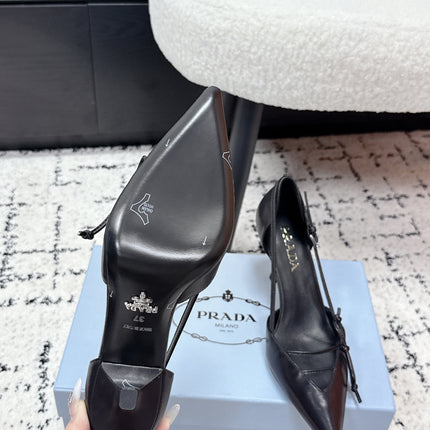 PRADA 26S POINTED-TOE HIGH HEELS 75MM IN BLACK CALFSKIN WITH BOW