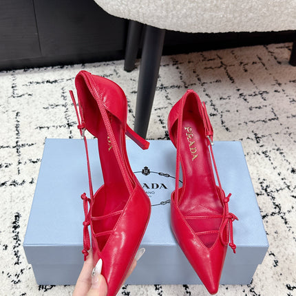 PRADA 26S POINTED-TOE HIGH HEELS 75MM IN DARK RED PATENT CALFSKIN WITH BOW