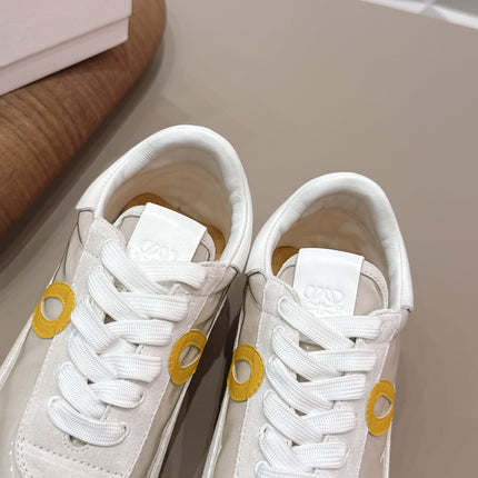 LOEWE 26S FLOW RUNNER SNEAKER IN WHITE YELLOW SUEDE AND CLEAR PLASTIC AND CALFSKIN