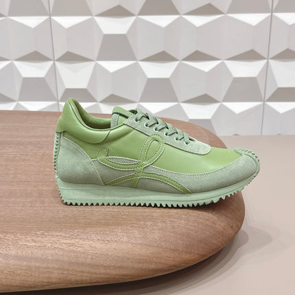 LOEWE 26S FLOW RUNNER SNEAKER IN OLIVE GREEN CALFSKIN AND SUEDE