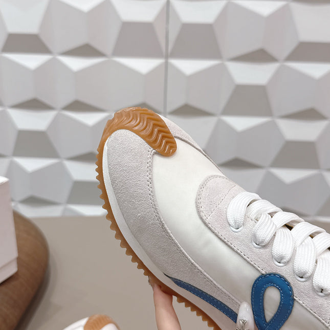 LOEWE 26S FLOW RUNNER SNEAKER IN LIGHT GRAY SUEDE YELLOW AND BLUE CALFSKIN